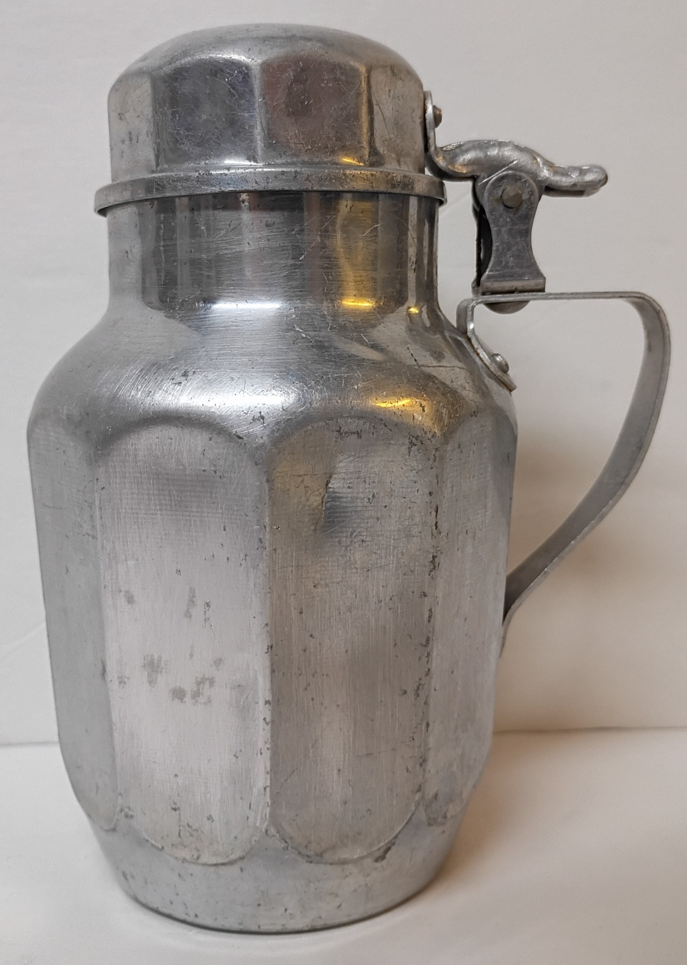 pitcher, Mirror; 1920-49 alum, Karo Syrup Dispenser; 4 1/2"w x 5 3/4"T x 2 1/2"rd. bottom; (sticky syrup, honey, maple syrup)